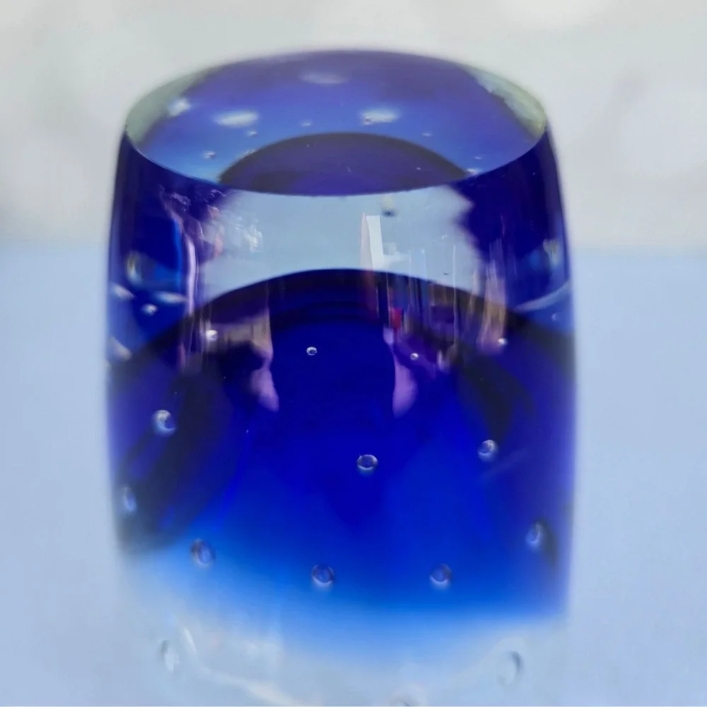 Cobalt Blue Controlled Bubble Art Glass Vase Heavy Clear Glass Bullicante 8in